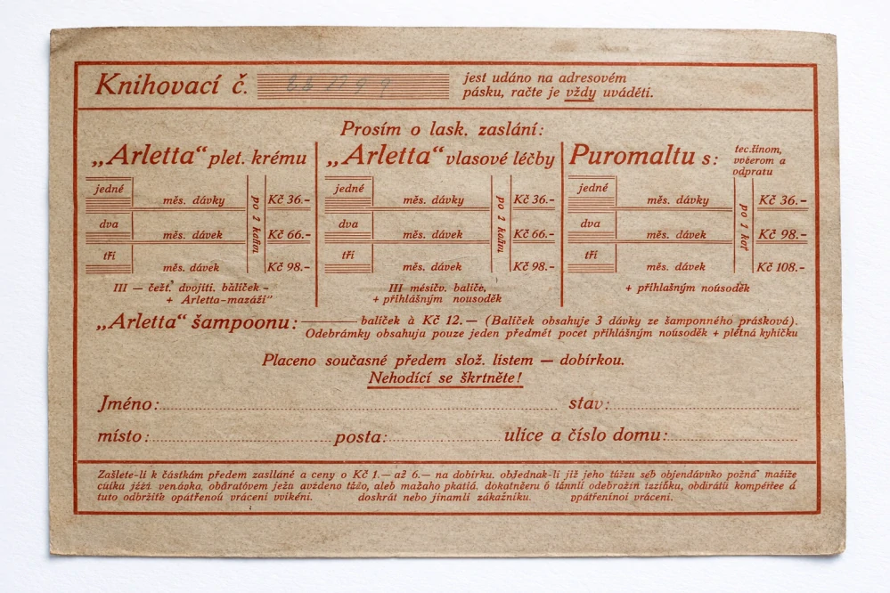 Reklamní dopisnice „Arletta – bílková léčba na vlasy“ z první republiky