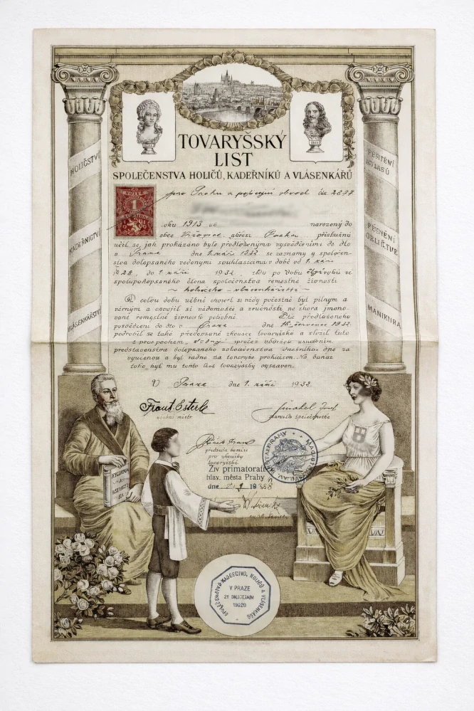 Tovaryšský list společenstva holičů, kadeřníků a vlásenkářů Praha, 1932