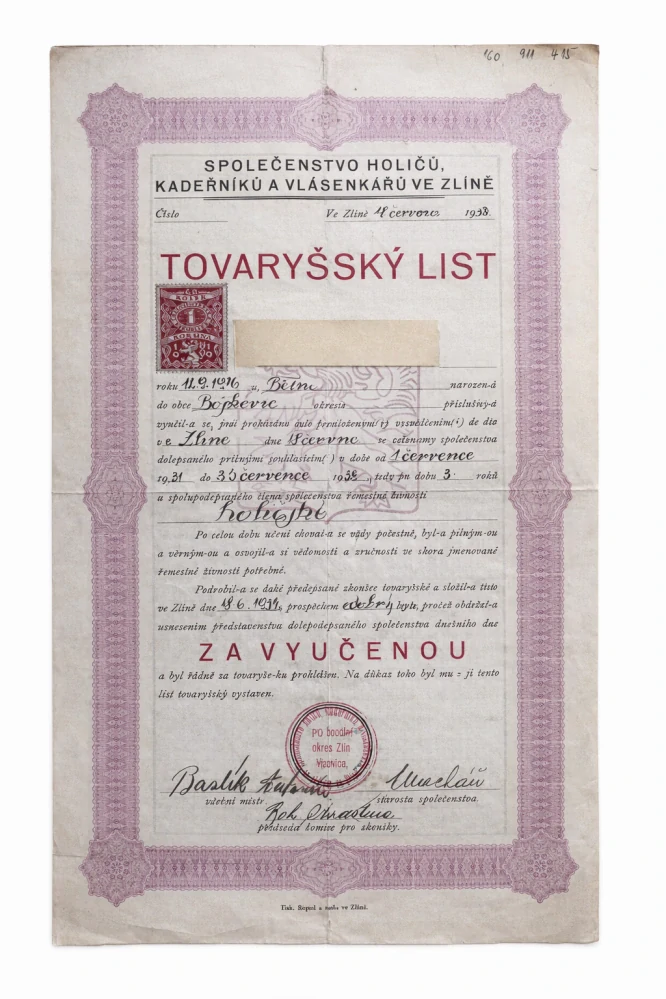 Tovaryšský list – holičské řemeslo, Zlín, 1934
