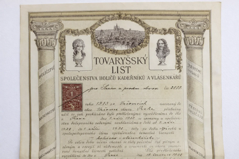 Tovaryšský list společenstva holičů, kadeřníků a vlásenkářů Praha, 1932