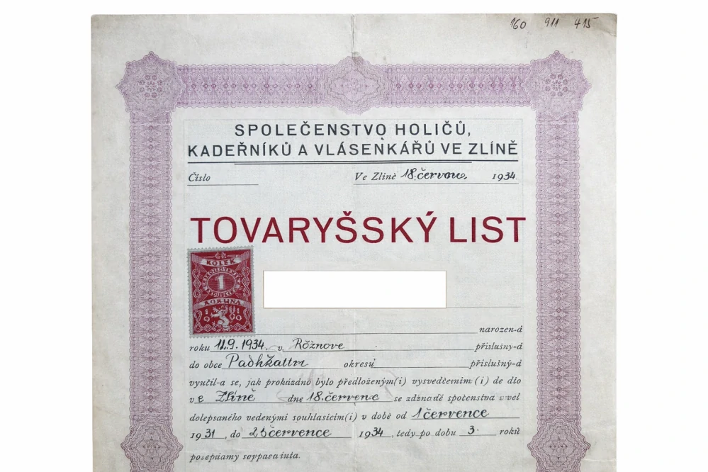 Tovaryšský list – holičské řemeslo, Zlín, 1934