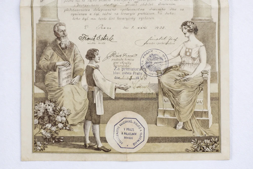 Tovaryšský list společenstva holičů, kadeřníků a vlásenkářů Praha, 1932