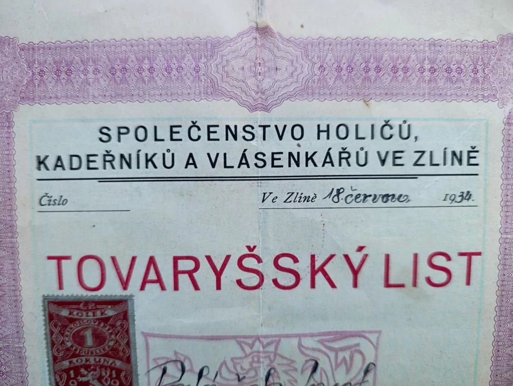 Tovaryšský list – holičské řemeslo, Zlín, 1934