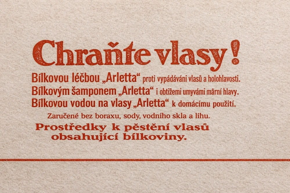 Reklamní dopisnice „Arletta – bílková léčba na vlasy“ z první republiky