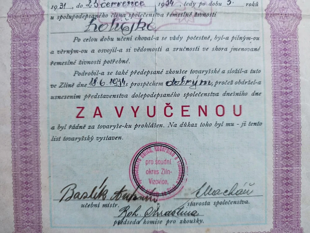 Tovaryšský list – holičské řemeslo, Zlín, 1934