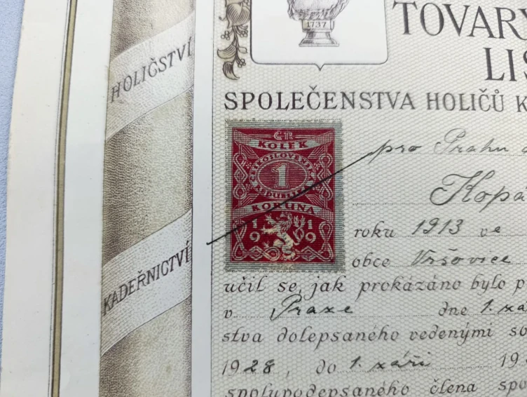Tovaryšský list společenstva holičů, kadeřníků a vlásenkářů Praha, 1932