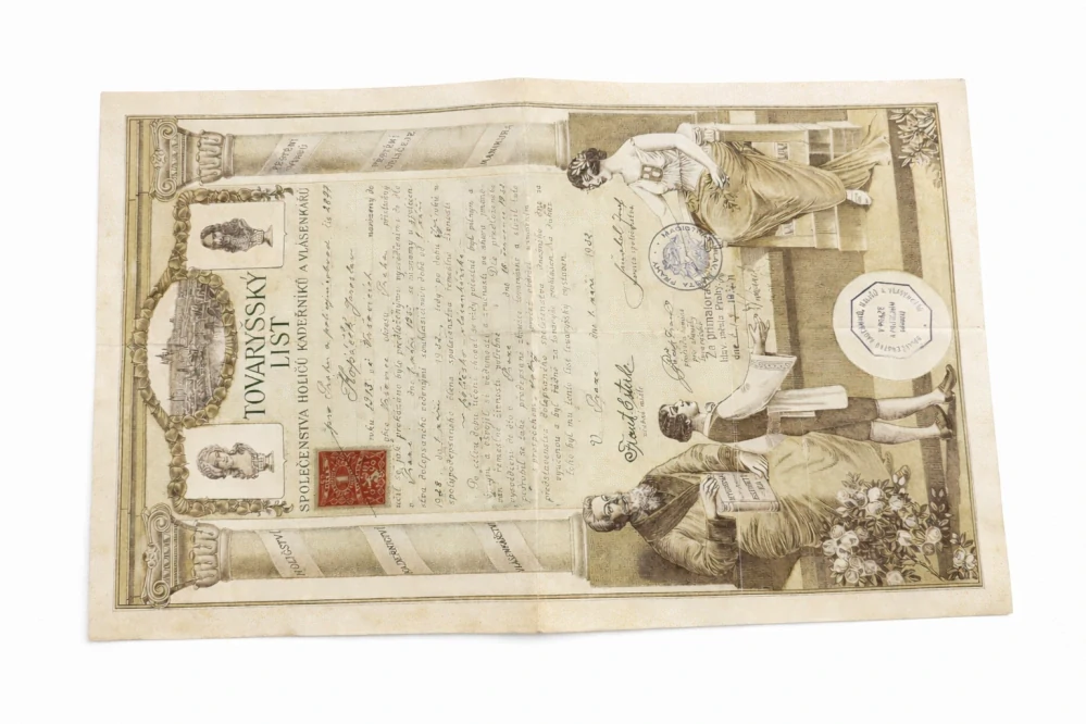 Tovaryšský list společenstva holičů, kadeřníků a vlásenkářů Praha, 1932