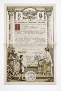 Tovaryšský list společenstva holičů, kadeřníků a vlásenkářů Praha, 1932
