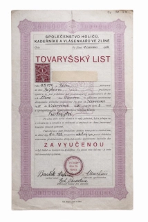 Tovaryšský list – holičské řemeslo, Zlín, 1934